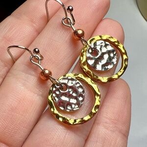 Hammered Mixed Metal Dangle Earrings Silver Gold Boho Drop Jewelry